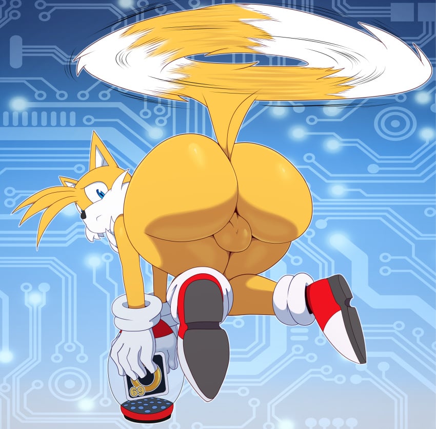 anthro ass balls big_ass big_butt bigdon1992 blue_eyes canid canine femboy flying fox holding_object huge_ass looking_at_viewer looking_back male male_only miles_prower penis sega solo solo_male sonic_(series) sonic_the_hedgehog_(series) tails tails_the_fox testicles thick_thighs wide_hips yellow_body yellow_skin