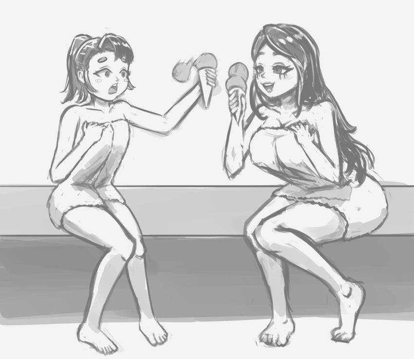 artist_name artist_self-insert bath big_ass big_breasts cute dropping_object duo happy holding_object ice_cream long_hair makeup_running nums numsarea shocked shocked_expression towel towel_only yonooshi_(character)