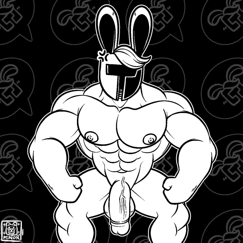 angry animated anthro armor balls cross-popping_vein gay genitals headgear headgear_only helmet helmet_only hi_res humanoid humanoid_genitalia humanoid_penis lagomorph leporid male male_only mammal monochrome muscular muscular_male nipples nude pecs penis rabbit rg01_(undertale) simple_background solo undertale undertale_(series) ursa-m1nor