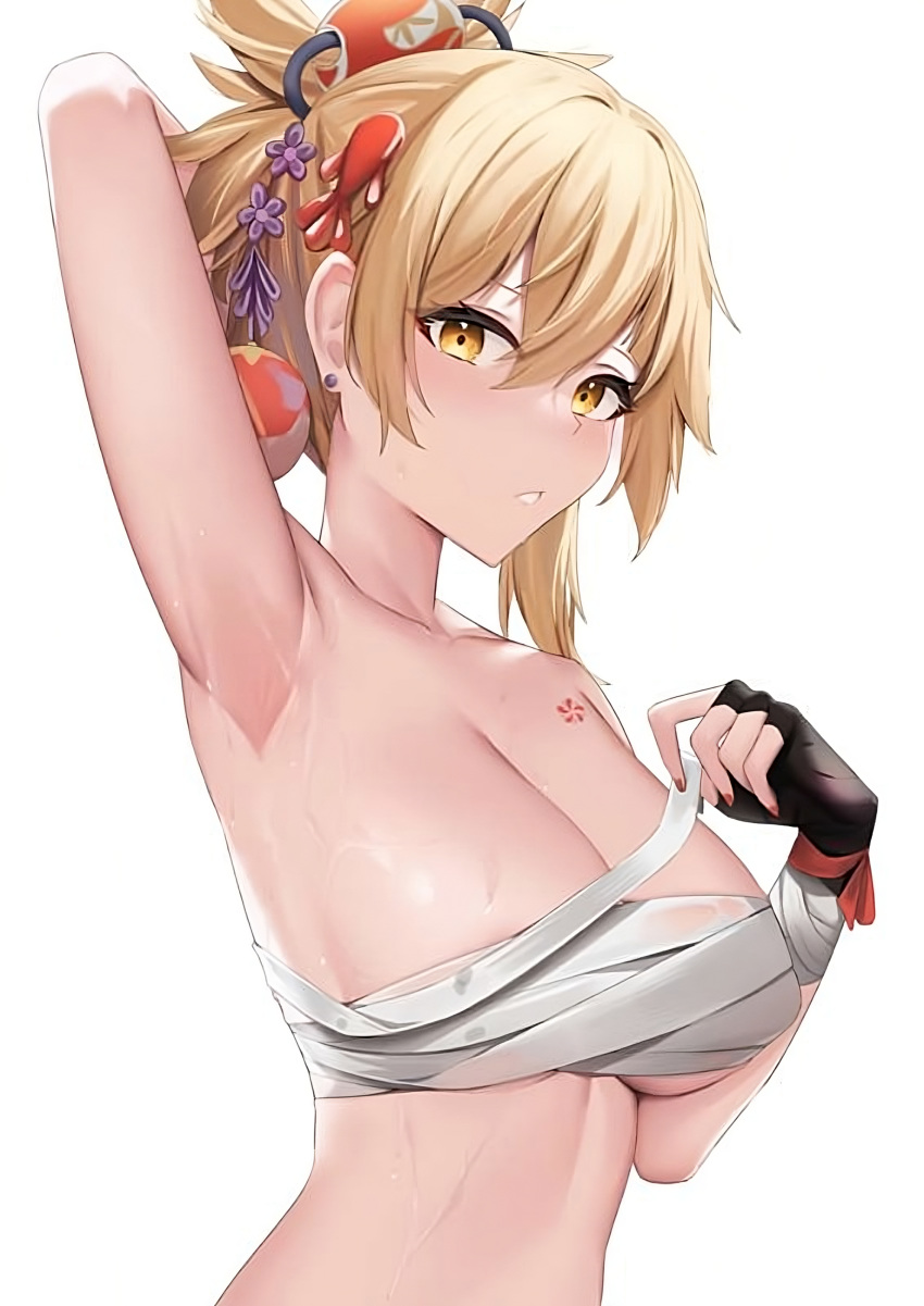 1girls armpit armpit_sweat armpits bandages bandages_around_breasts big_breasts black_glove blonde_female blonde_hair blush breasts collarbone earrings female female_focus genshin_impact girl girls glove hair hair_accessory hair_between_eyes hair_ornament hand_behind_head hazel_eyes light-skinned_female light_skin long_hair looking_at_viewer lowres naked naked_female nude nude_female piercing removing_bandages shiny_skin skai_kun sweating sweaty sweaty_body tattoo tattoos wrist_bandages yoimiya_(genshin_impact)