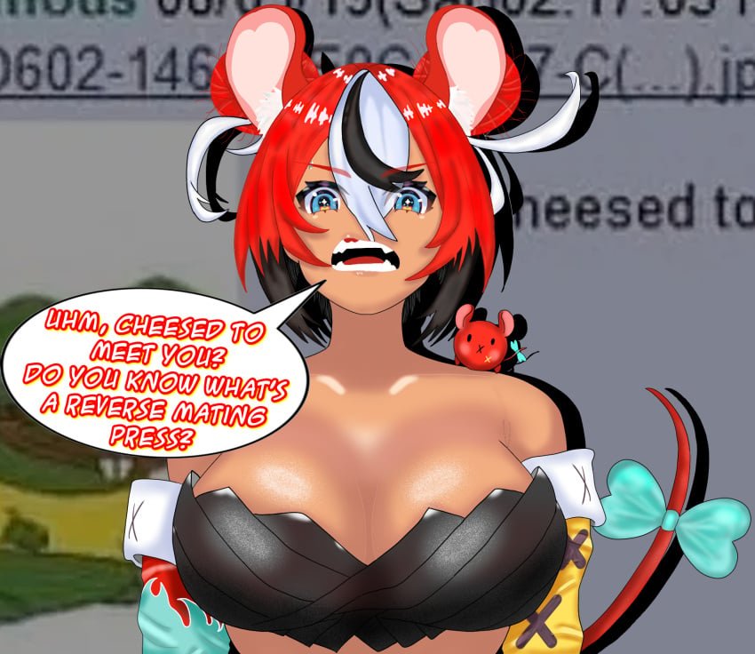 1girls 4chan 4chan_thread alternate_skin_color alternate_version_at_source alternative_skin_color angry animal_ear_fluff animal_ears asymmetrical_clothes asymmetrical_hair asymmetrical_sleeves bangs bare_shoulders black_hair blue_eyes bra cheesed_to_meet_you dark-skinned_female dark_skin eddarxart english_text eyebrow_piercing fan_mascot_(vtuber) fangs female femdom glaring hair_between_eyes hair_bun hakos_baelz hakos_baelz_(1st_costume) hololive hololive_english hololive_english_-council- hololive_english_-promise- imminent_rape imminent_sex large_breasts looking_at_viewer looking_down looking_down_at_viewer meme mouse mouse_ears mouse_girl mr._squeaks_(hakos_baelz) multicolored_hair rat rat_girl rat_tail red_hair solo speech_bubble streaked_hair tail talking_to_viewer text threatening underwear virtual_youtuber white_hair