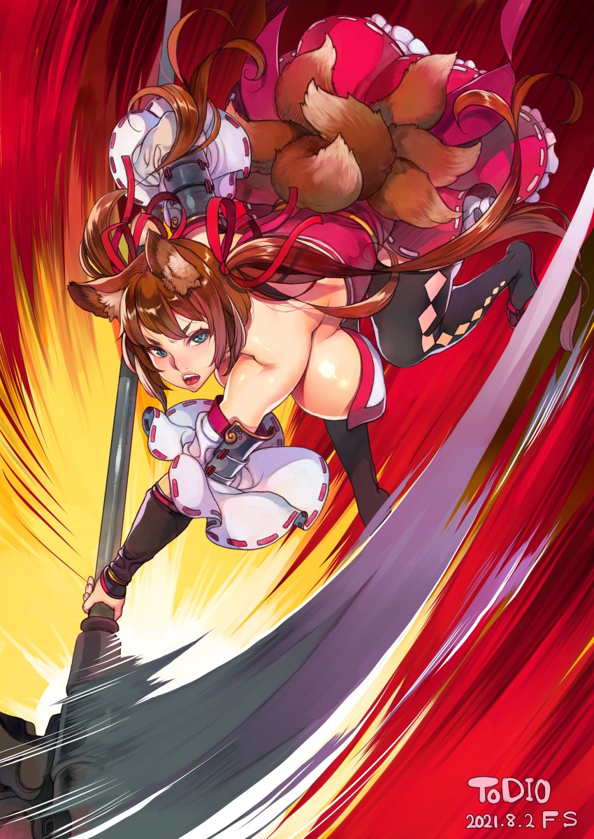 1girls action_lines action_pose bare_back bare_shoulders blue_eyes brown_hair caleen_keemosn commission detached_sleeves eyebrows_visible_through_hair f.s. female_only fox_ear fox_girl fox_tail hair_ribbon impossible_clothes kemonomimi kitsunemimi large_breasts looking_at_viewer miko motion_lines multiple_tails open_mouth runes scythe signature star_ocean star_ocean_anamnesis thick_thighs thighhighs twintails very_long_hair wide_hips