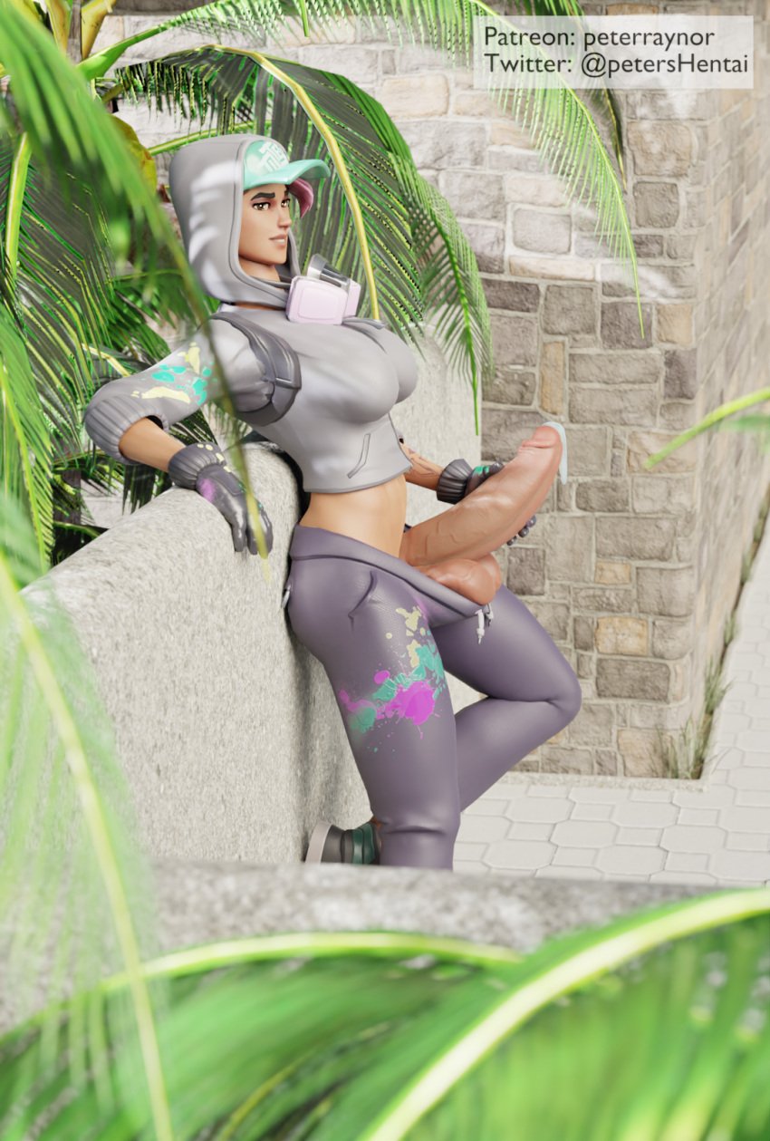 3d 3d_(artwork) balls big_penis clothed clothing cum cum_drip cum_dripping_from_penis erect_penis exposed_penis fortnite futanari getting_erect leaning leaning_against_wall leaning_back looking_at_another mostly_clothed penis peterraynor pink_hair self_upload solo stroking_penis teknique x_redeyes