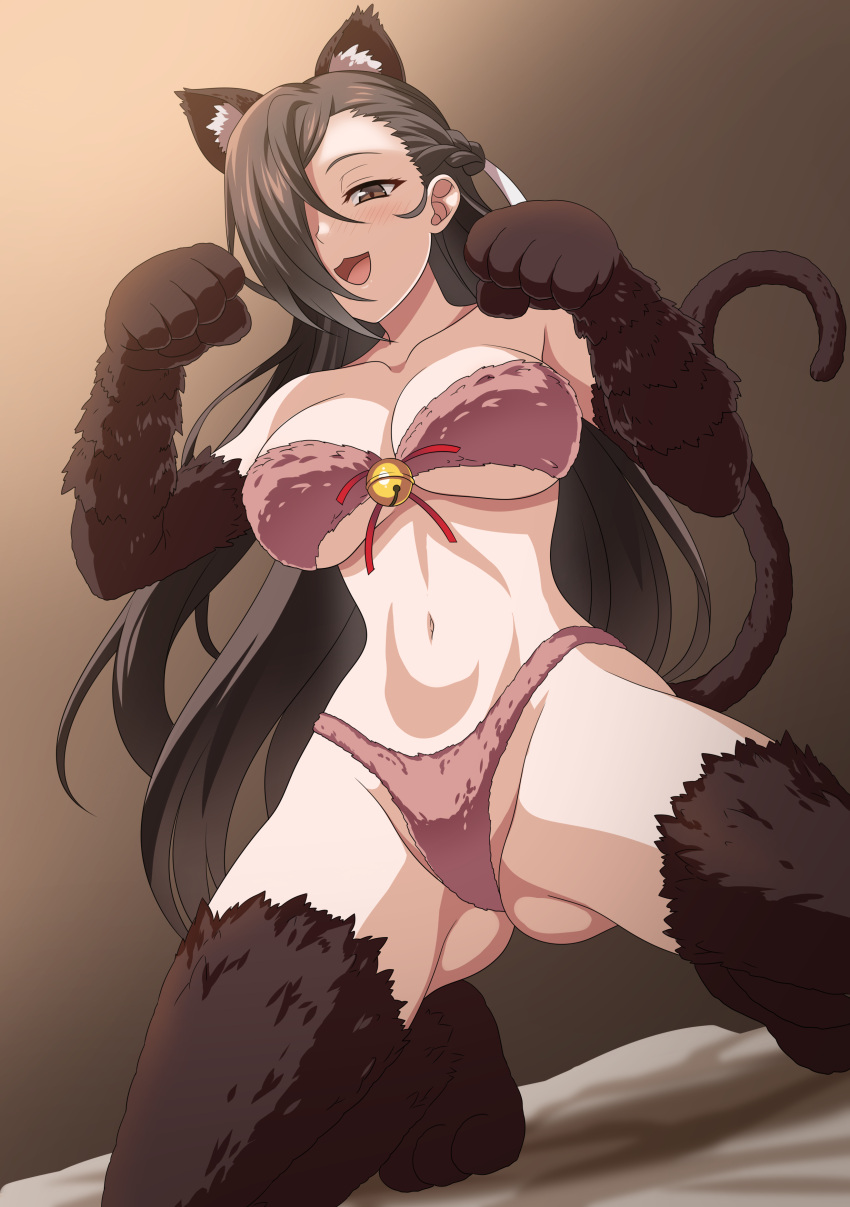 1girls absurdres animal_hands ass_visible_through_thighs bare_shoulders bell blush bra breasts brown_bra brown_eyes brown_hair brown_panties cleavage collarbone elbow_gloves female female female_only fire_emblem fire_emblem_fates gloves hair_over_one_eye highres jingle_bell kagero_(fire_emblem) kneeling large_breasts long_hair looking_at_viewer navel nintendo open_mouth panties paw_gloves paw_shoes ponytail sirano smile solo thighhighs thighs underwear