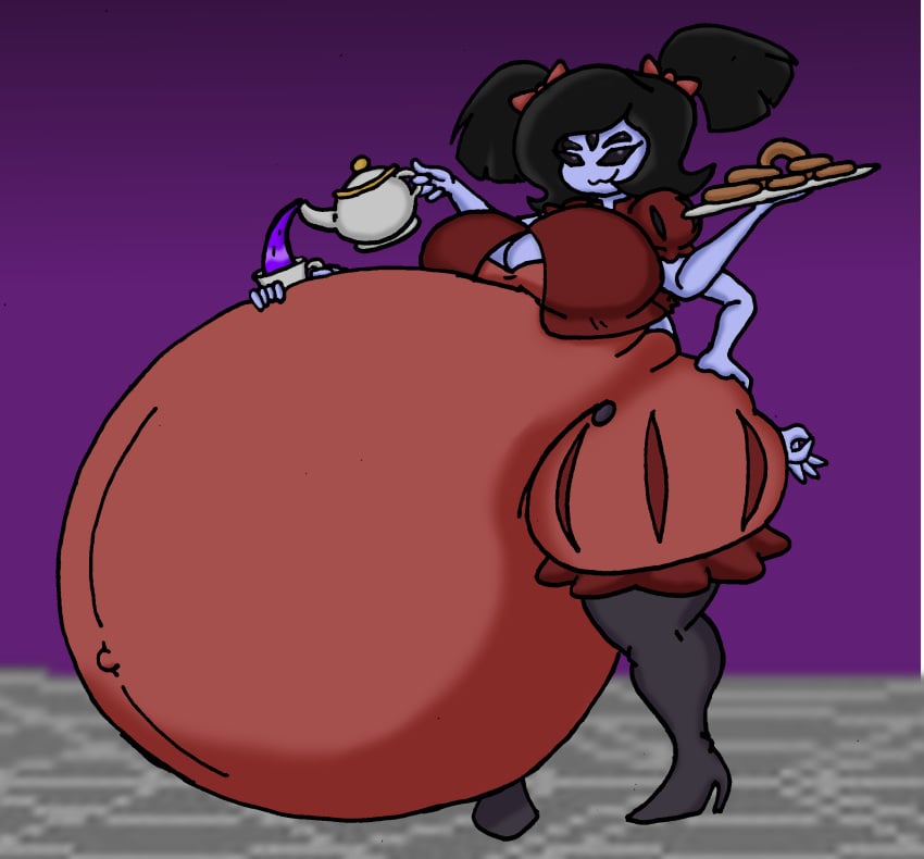 5_eyes 6_arms 8_arms allstarman anthro arachnid arachnid_humanoid belly big_belly donut donuts fat fat_fetish female fetish gottem muffet overweight purple_skin spider spider_girl stomach tea tea_cup undertale undertale_(series) vore vore_belly