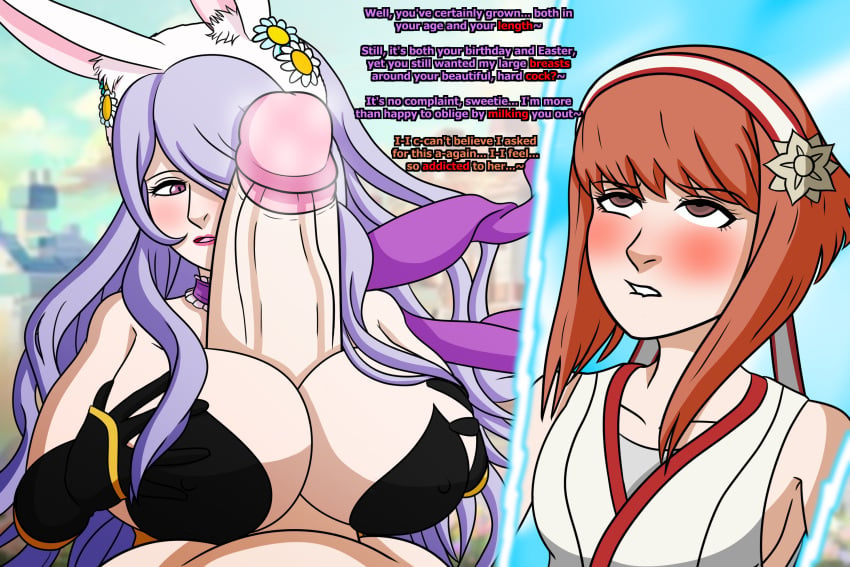 1futa 1girls alternate_costume big_breasts biting_lip blush breasts brown_eyes bunny_ears bunny_girl bunnysuit camilla_(fire_emblem) camilla_(spring)_(fire_emblem) dialogue dirty_talk duo easter english_text erection eroticaquatic eyes_rolling_back female femdom fire_emblem fire_emblem_fates fire_emblem_heroes flower futa_on_female futanari huge_breasts huge_cock human hyper_penis light-skinned_female light-skinned_futanari light_skin lipstick long_hair musk nintendo nude official_alternate_costume paizuri penis purple_eyes purple_hair red_hair rolling_eyes sakura_(fire_emblem) self_upload shrine_maiden size_talk text uncensored veiny_penis