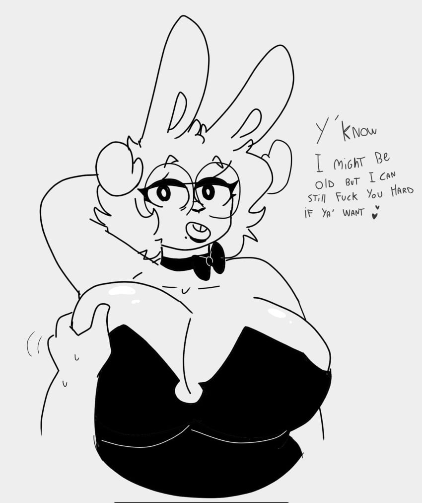 age_difference big_breasts bunny_ears bunny_girl bunnysuit dominant_female errorplush furry glasses horns huge_breasts lipstick looking_at_viewer milf original_character rabbit rabbit_ears rabbit_humanoid short_hair text touching_breast