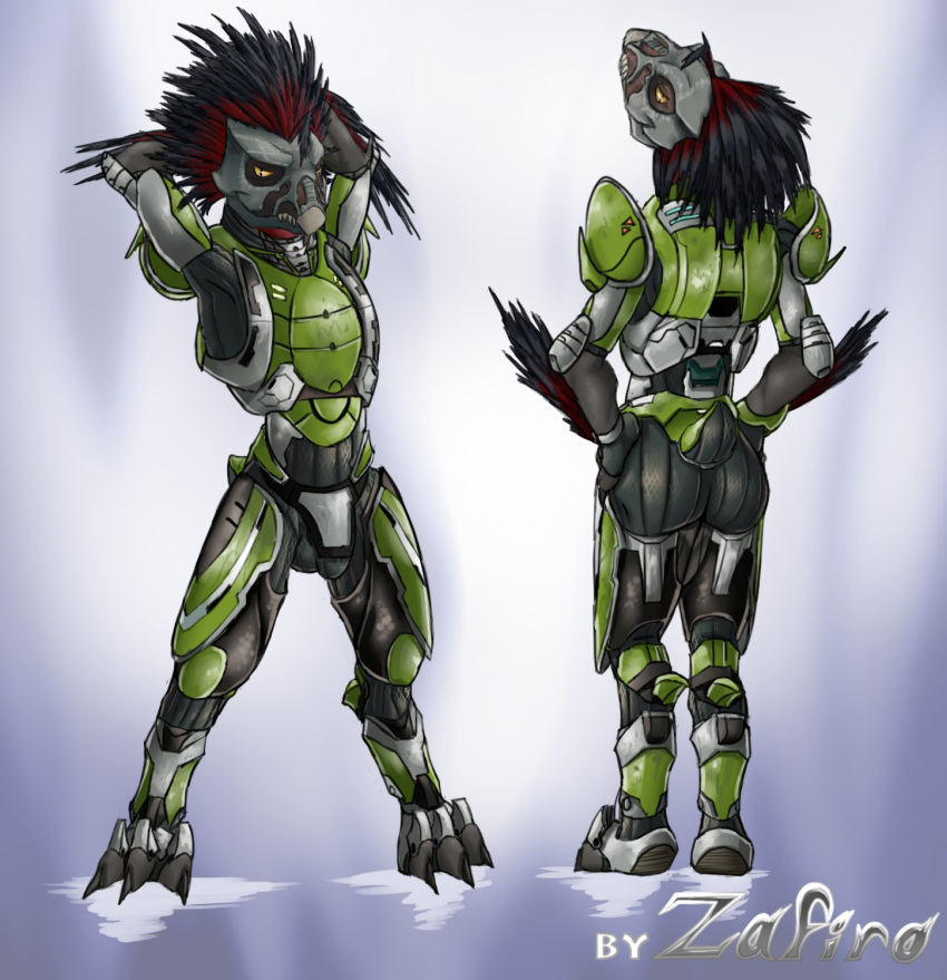 3_toes alien anthro arm_tuft armor ass avian balls_outline beak breastplate bulge claws codpiece colored cuisse digitigrade dipstick_feathers fangs feather_hair feather_tuft feathered_crest feathers feet genital_outline green_armor grey_body grey_feathers halo_(series) hand_on_hip hands_behind_head hands_on_hips head_crest hi_res kig-yar looking_at_viewer looking_back looking_back_at_viewer male microsoft pauldron penis_outline pseudo_hair pupils raised_arms rear_view red_body red_feathers scalie shaded short_tail simple_background slit_pupils smile solo standing t'vaoan tail teeth toe_claws toes tuft xbox_game_studios yellow_eyes zafiro_rosso_(artist)