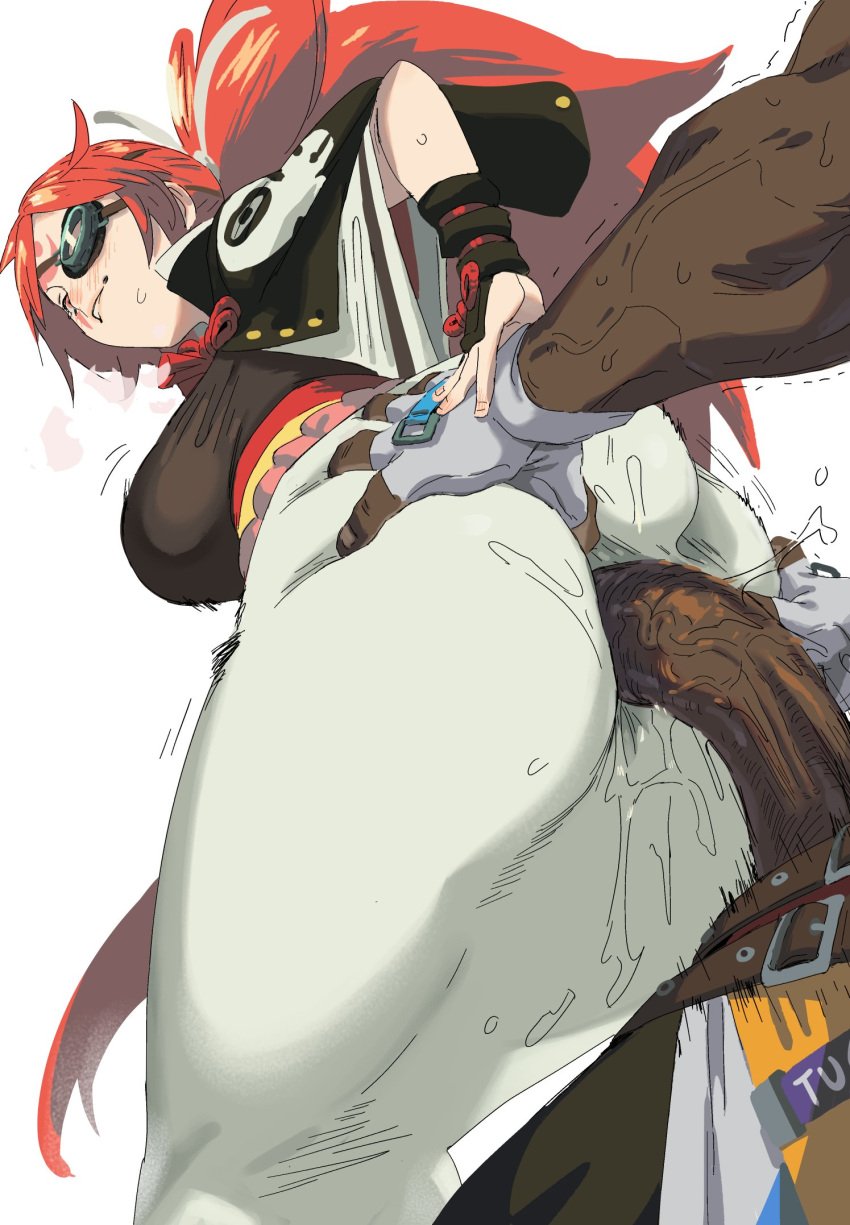 1boy 1girls anal anal_sex anal_through_skirt asian asian_female ass baiken big_penis breasts clothed_sex dark-skinned_male dark_skin dress eyepatch facial_markings forced_in_fabric guilty_gear guilty_gear_strive interracial light-skinned_female light_skin long_hair looking_back male/female muscular_male nagoriyuki offscreen_character offscreen_male penis pink_eyes pink_hair ponytail sex sex_through_clothes sex_through_dress sex_through_skirt smile starhump sweat