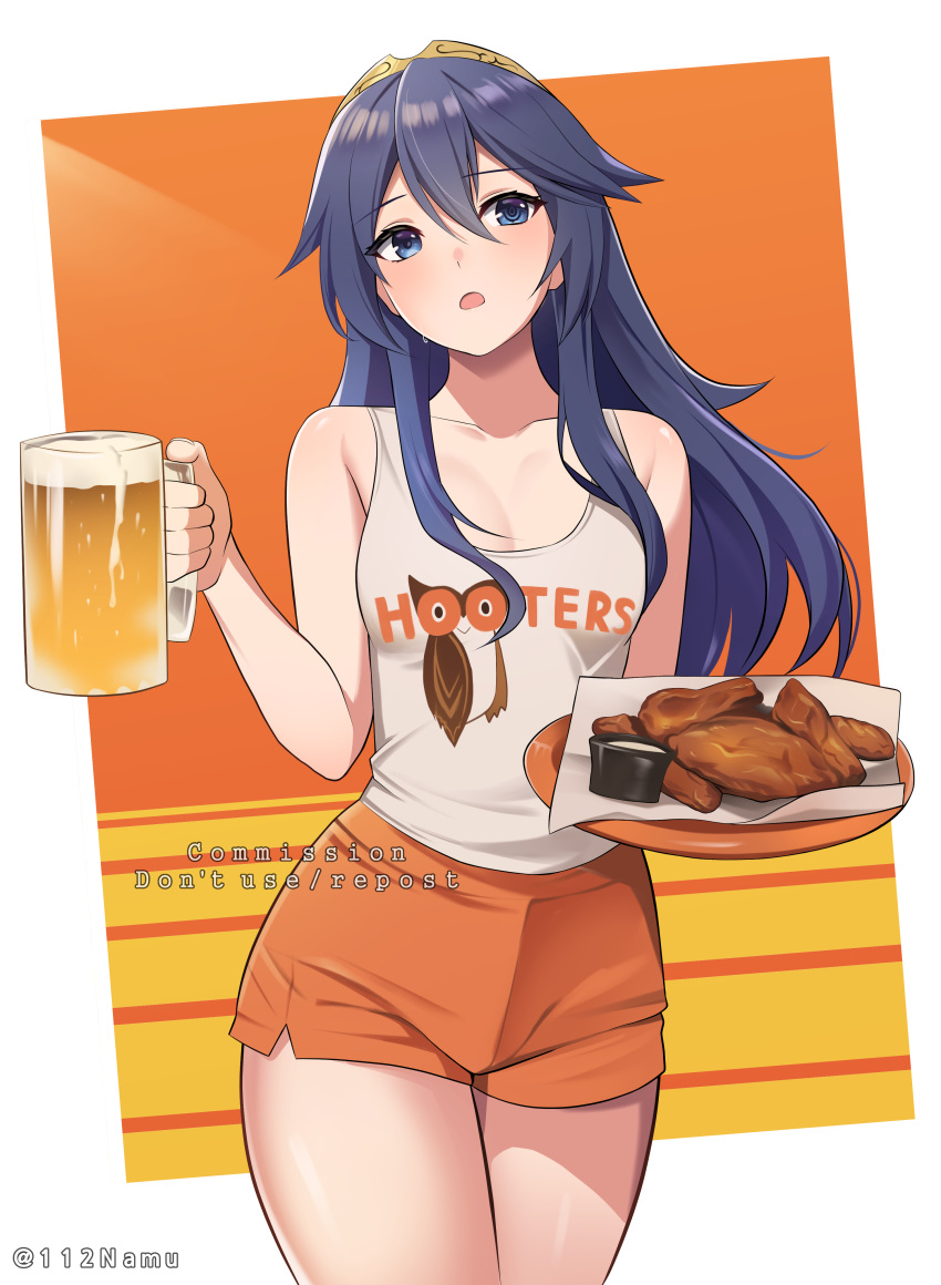 1girls absurdres alcohol alternate_costume bare_legs beer_mug blue_eyes blue_hair blush breasts clothes_writing commission cup employee_uniform female female_only fire_emblem fire_emblem_awakening highres hooters long_hair lucina_(fire_emblem) mug namu_(112namu) nintendo no_legwear open_mouth pixiv_commission short_shorts shorts small_breasts solo symbol-shaped_pupils tank_top thighs tiara uniform waitress