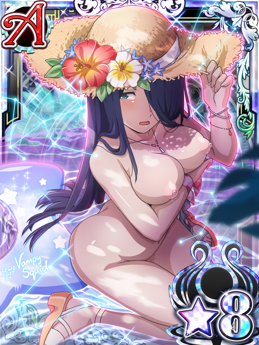 1girls big_breasts blue_eyes blue_hair breasts card card_game cassandra_ilion dungeon_ni_deai_wo_motomeru_no_wa_machigatteiru_darou_ka edit edited edited_art edited_official_artwork flower hat light-skinned_female light_skin long_blue_hair long_hair nipples official_alternate_costume official_art official_artwork_edit open_mouth pussy_ejaculation pussy_juice pussy_juice_drip straight_hair straw_hat vampy_squid wet wet_body wet_pussy wet_skin