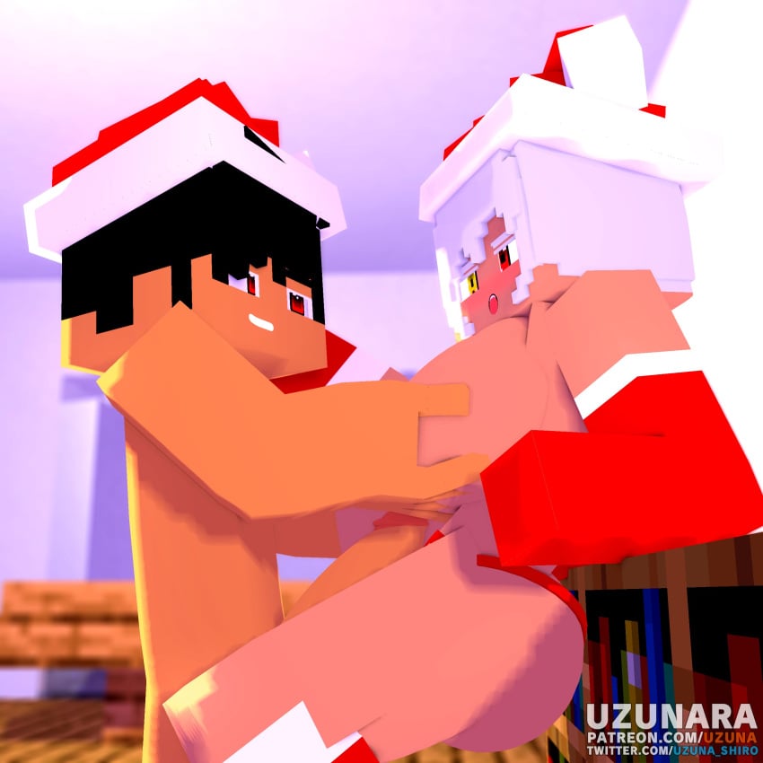 1boy 1girls 3d big_breasts big_penis black_hair christmas erect_nipples erect_penis female horny_female human humanoid looking_at_partner lounan_(lounan18) male mine-imator minecraft multicolored_eyes outside red_eyes santa_costume santa_hat shika_(uzuna) smile standing_sex tagme uzunaart white_hair