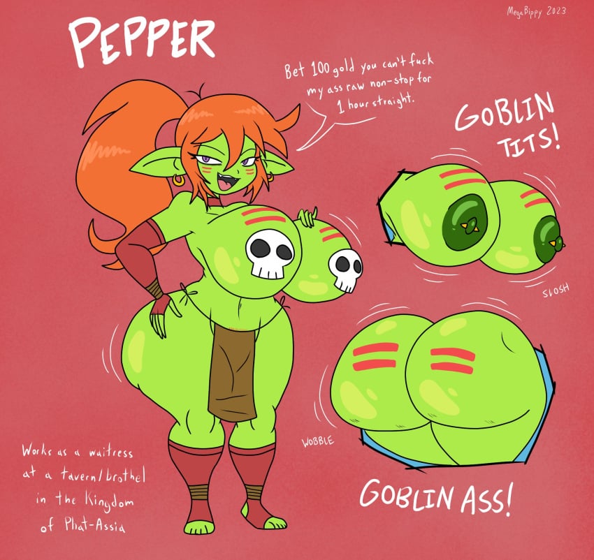 1girls 2023 ass big_ass big_breasts breasts character_sheet female goblin goblin_female huge_ass huge_breasts loincloth megabippy orange_hair pepper_(megabippy) ponytail sloshing_breasts