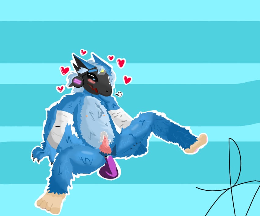 1femboy background bandage blue blue_eyes blue_fur blush claws dildo drawing exhalation femboy femboy_only flushed fur furry gay heart hearts_around_head naked nervous protogen purple_light screen_face shadows tail