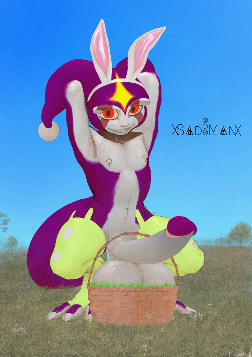 anthro balls basket belt belt_collar big_balls big_feet big_penis billsabouman claws clothed clothing collar container demon detailed_background digital_media_(artwork) easter easter_basket english_text erection feet foreskin forest forest_background genitals headgear headwear hi_res holidays huge_balls huge_cock humanoid_genitalia humanoid_penis hybrid hyper hyper_genitalia hyper_penis imp jester leggings legwear looking_at_viewer male mammal nature nature_background nipple_fetish nipple_piercing nipples nude open_mouth paws penis piercing plant smile solo solo_male spread_legs spreading tail teeth text toes tree xsad_manx(artist)