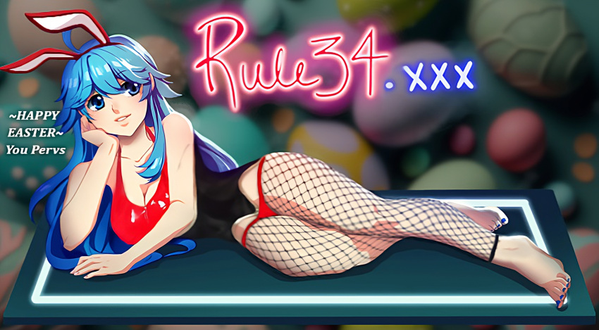 1girls animal_ears blue_eyes blue_hair bunny_ears bunny_girl bunnysuit clothing easter easter_bunny easter_eggs edit female female_only littlemedecine looking_at_viewer lucidsky mascot pose rule_34-tan rule_34_(booru) shiny_skin site-tan solo solo_female title woolfy_thebitch