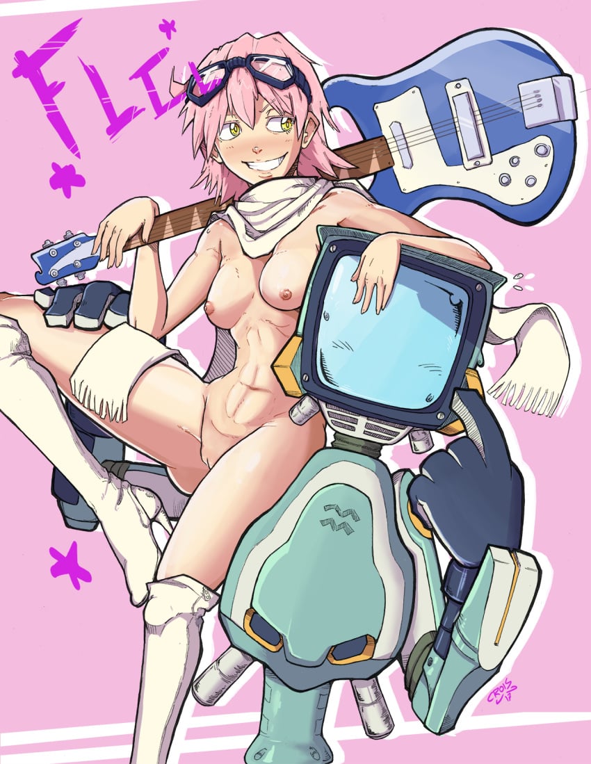 1girls ambiguous_gender boots breasts canti clothing duo eyewear eyewear_on_head female flcl footwear for_a_head goggles goggles_on_head green_eyes guitar hair haruko_haruhara hi_res human machine mammal musical_instrument nipples nude nude_female object_head pink_background pink_hair plucked_string_instrument robot screen screen_face screen_head short_hair string_instrument television television_screen tv tv_face tv_head tv_head_robot tv_man tv_screen tvman vilecrois white_clothing white_footwear