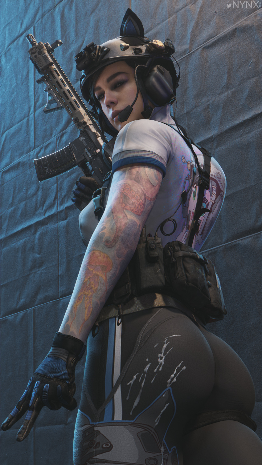 1girls 3d call_of_duty cum_on_clothes female female_only looking_at_viewer looking_back mara_(cod) nynx peace_sign round_ass skindentation solo tactical_gear thick_thighs tight_clothing