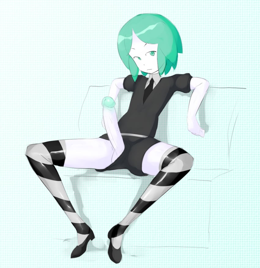 1girls :< black_shoes blue_eyes blue_hair couch dickgirl erection flat_chest futa_only futanari land_of_the_lustrous legs_apart legs_spread legwear long_penis looking_at_viewer maximumpingas penis phosphophyllite school_uniform short_hair simple_background simple_shading sitting sketch small_breasts striped striped_legwear tagme veiny veiny_penis white_skin