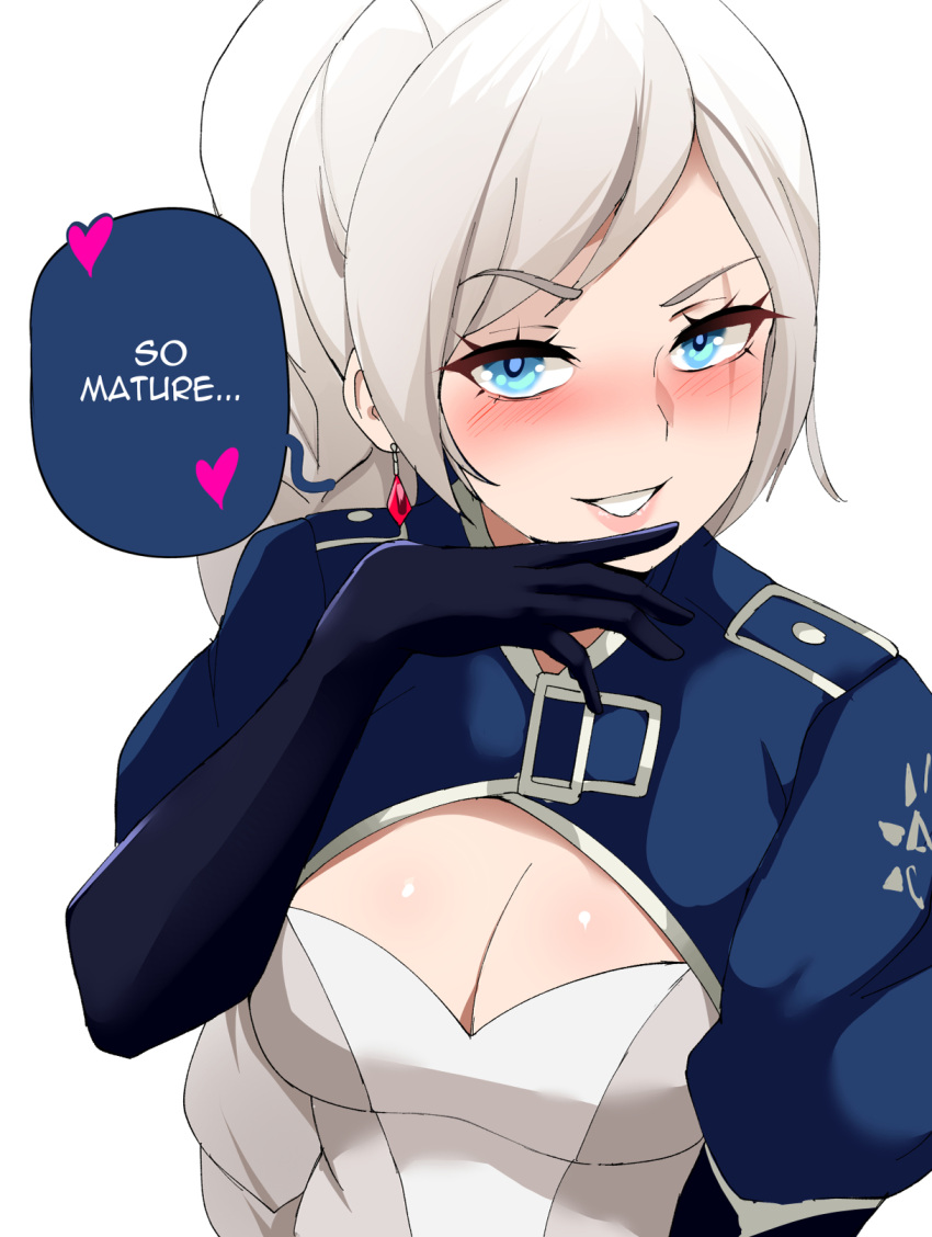 1girls atlas_outfit blue_gloves breasts elbow_gloves english_text eye_scar female female_only gloves human lainart long_gloves naughty_face offscreen_character opera_gloves pale_skin ponytail rwby scar scar_over_eye seductive seductive_smile smile solo text weiss_schnee weiss_schnee_(atlas) white_hair