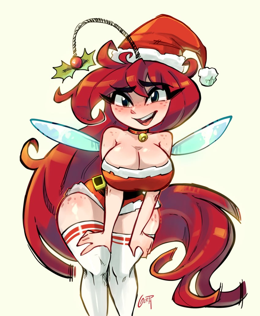 bell belt betilla_(rayman) black_belt blue_eyes blush blushing_at_viewer christmas christmas_outfit cleavage curvy eyelashes fairy fairy_wings freckles freckles_on_face freckles_on_shoulders freckles_on_thighs gerph happy_female hat huge_breasts large_breasts long_hair looking_at_viewer mistletoe nymph_(rayman) rayman_(series) rayman_origins red_hair santa_hat smile standing thick_thighs thighhighs white_thighhighs wide_hips wings