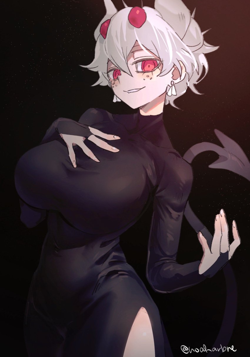 1girls beelzebub_(helltaker) dark_background demon_girl demon_horns demon_tail fully_clothed helltaker huge_breasts looking_at_viewer noaharbre red_eyes simple_background smile solo solo_female solo_focus tagme white_hair