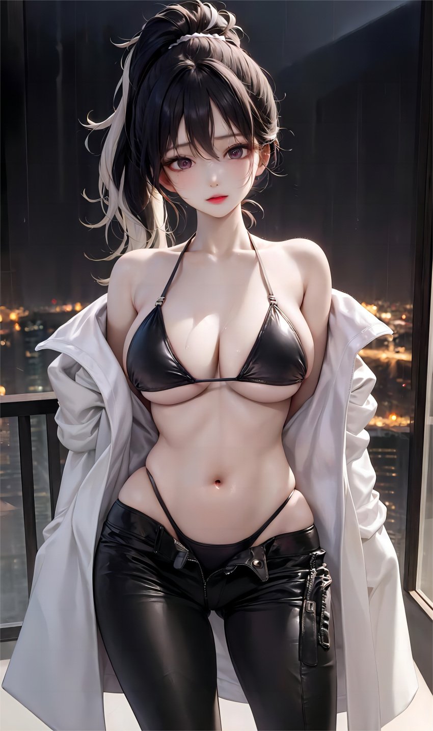 1girls ai_generated bikini black_hair curvaceous curvy_body curvy_female curvy_figure female_focus female_only hi_res huge_breasts latex_clothing latex_trousers looking_at_viewer ponytail red_eyes seductive_look solo solo_female stable_diffusion underwear