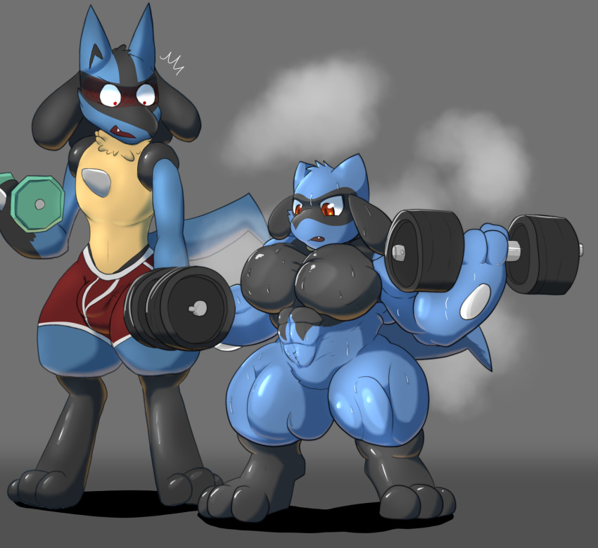 abs anthro biceps big_muscles blue_body blue_fur blush bodily_fluids canid canine clothing duo exercise feet fur generation_4_pokemon growth hair hi_res huge_muscles hyper hyper_muscles lucario male mammal musclegut muscular muscular_anthro muscular_male nintendo nude open_mouth pecs pokemon pokemon_(species) riolu simple_background size_difference sweat teeth toes vezerem weightlifting workout