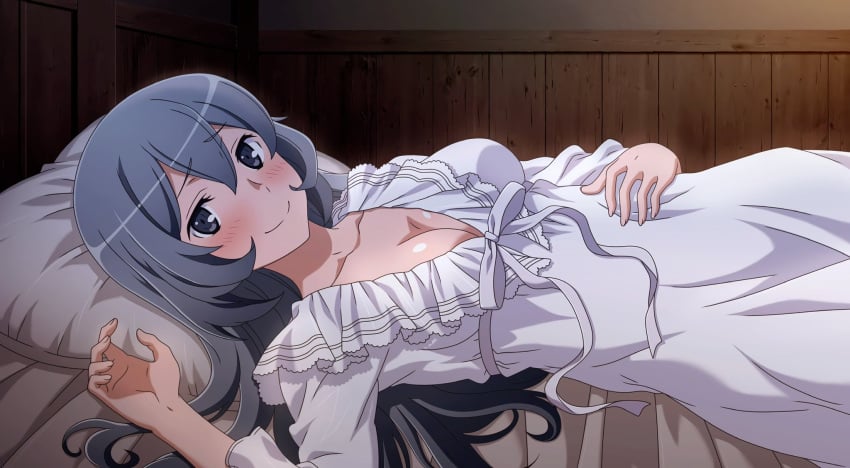 artist_request bangs bed bedroom bedroom_eyes blush blush breasts cleavage collarbone dungeon_ni_deai_wo_motomeru_no_wa_machigatteiru_darou_ka grey_eyes grey_hair intimate laying laying_down laying_on_back laying_on_bed long_hair looking_at_viewer nightgown ribbon syr_flover