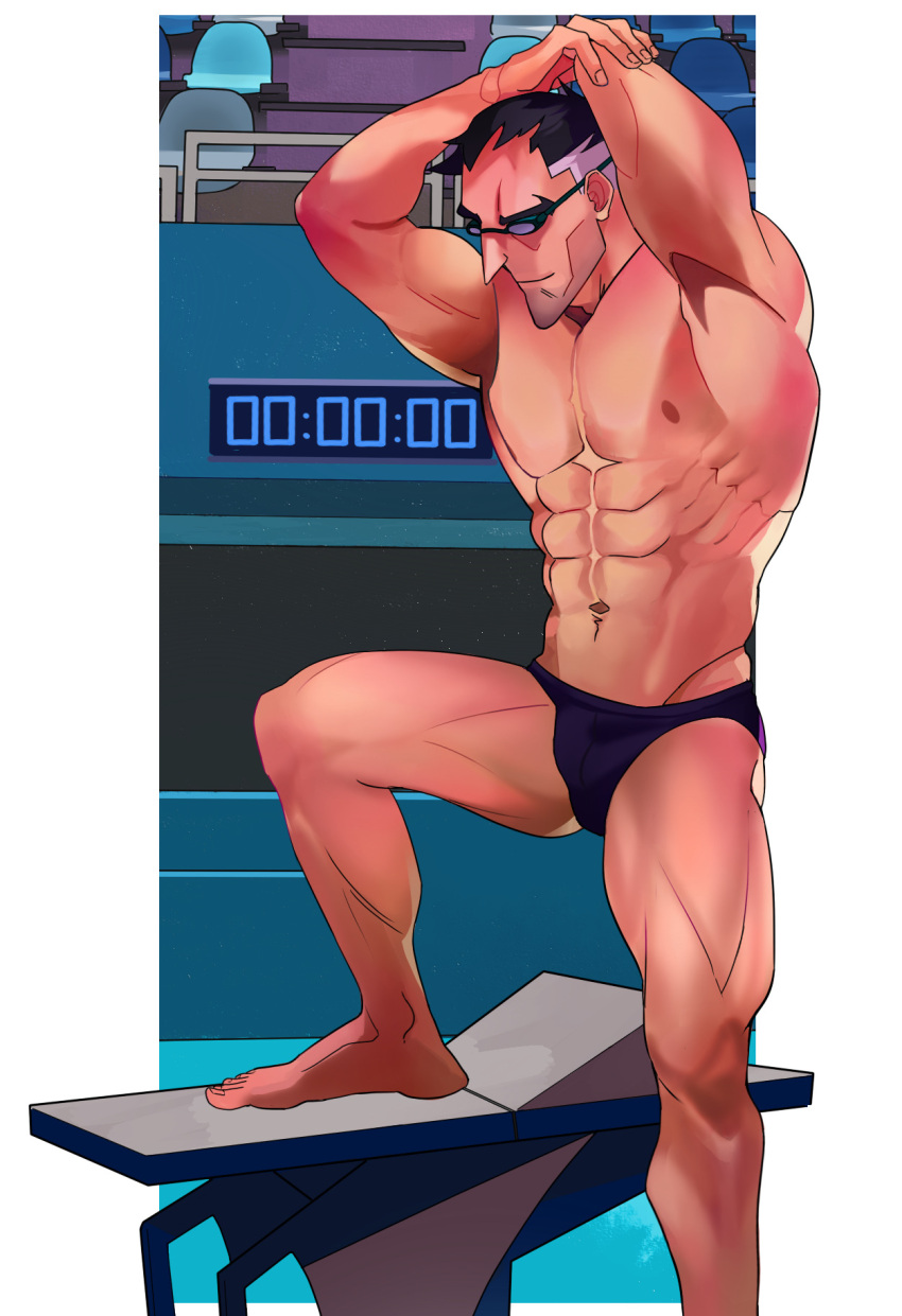 1boy bulge male male_only overwatch sigma_(overwatch) solo solo_male speedo swimming_pool swimwear