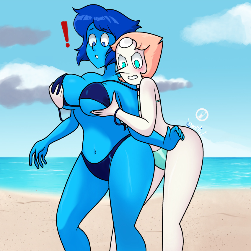 bikini bikini_bottom bikini_top blue_bikini blue_bikini_bottom blue_bikini_top blue_body blue_eyes blue_hair blue_skin blue_skinned_female blue_swimsuit breast_grab grabbing_from_behind heartist lapis_lazuli_(steven_universe) pale-skinned_female pale_skin peach_hair pearl_(steven_universe) pills-in-a-little-cup steven_universe surprise surprised surprised_expression surprised_face surprised_look swimsuit voluptuous voluptuous_female white_skin wide_hips wide_thighs