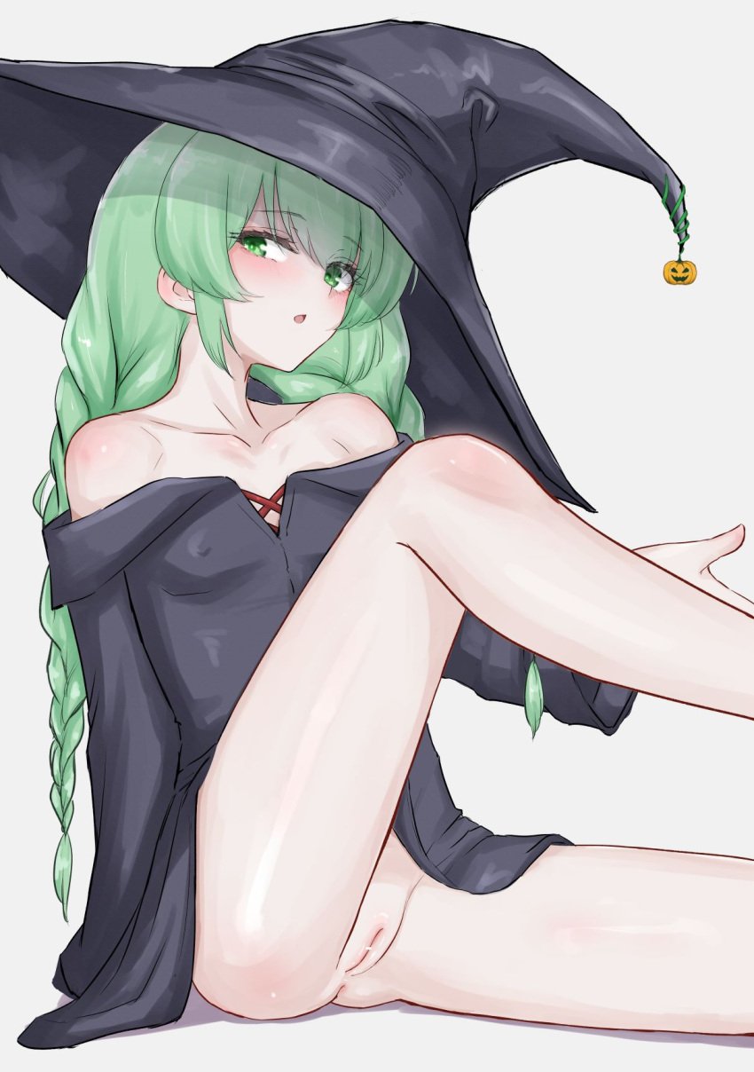 bar_censor blush braid breasts censored collarbone covered_nipples female green_eyes green_hair hat highres leg_up long_hair long_sleeves looking_at_viewer low_twin_braids mustee no_panties off_shoulder open_mouth original parted_lips pointless_censoring pussy simple_background sitting small_breasts solo twin_braids witch witch_hat