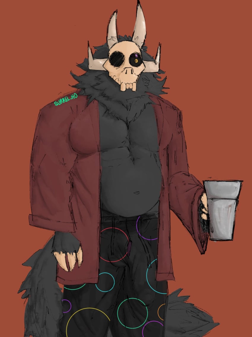 anthro beverage biped bone bottomwear bulge claws clothed clothing container cup dad_bod digital_media_(artwork) fur grey_body grey_fur hi_res holding_beverage holding_object king's_dad_(the_owl_house) male male_only musclegut navel neck_tuft onionsouls orange_eyes papa_titan_(the_owl_house) simple_background skull skull_head solo standing straight_hair surrel tail teeth the_owl_house the_owl_house_(finale) titan topwear tuft watermark