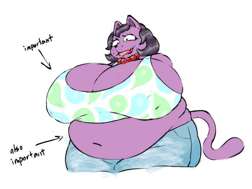 bbw belly belly_button belly_overhang big_belly big_breasts blue_bra bra cat_ears cat_tail catgirl catty_(undertale) chubby chubby_anthro chubby_female deltarune denim denim_clothing denim_shorts dorkass english_text green_bra huge_belly huge_breasts multicolored_bra multicolored_hair open_mouth overweight purple_body purple_fur purple_skin red_necklace red_neckwear short_hair shorts undertale undertale_(series) white_bra white_sclera