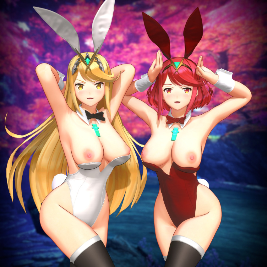 2girls 3d 3d_(artwork) areolae armpits bangs blobcg blonde_hair breasts breasts_out bunny_ears bunny_girl bunnysuit caramelldansen core_crystal female gold_eyes highleg_leotard huge_breasts latex leotard light-skinned_female long_hair mythra_(xenoblade) nintendo nipples pyra_(xenoblade) red_eyes red_hair short_hair swept_bangs thick_thighs wide_hips xenoblade_(series) xenoblade_chronicles_2