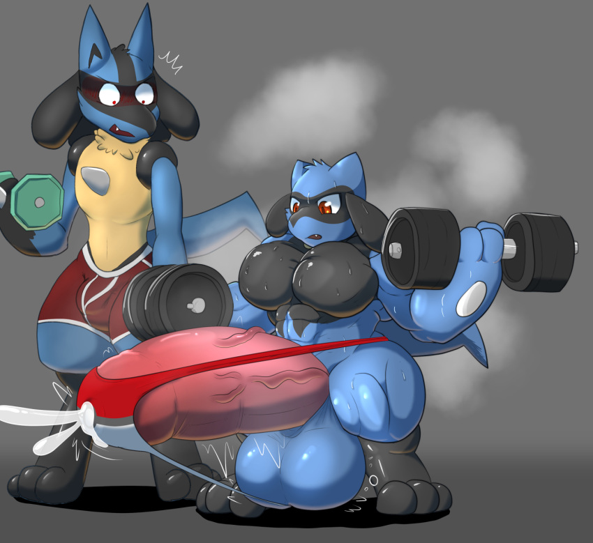 abs anthro balls biceps big_balls big_muscles big_penis blue_body blue_fur blush bodily_fluids bottomwear canid canine clothed clothing cum duo erection exercise feet fur generation_4_pokemon genital_fluids genitals growth hair hi_res huge_balls huge_cock huge_muscles humanoid_genitalia humanoid_penis hyper hyper_balls hyper_genitalia hyper_muscles hyper_penis lucario male mammal musclegut muscular muscular_anthro muscular_male musk_clouds nintendo nude open_mouth pecs penis pokeball pokeball_clothing pokemon pokemon_(species) riolu simple_background size_difference speedo sweat sweaty_genitalia swimwear teeth toes vezerem wardrobe_malfunction weightlifting weights workout