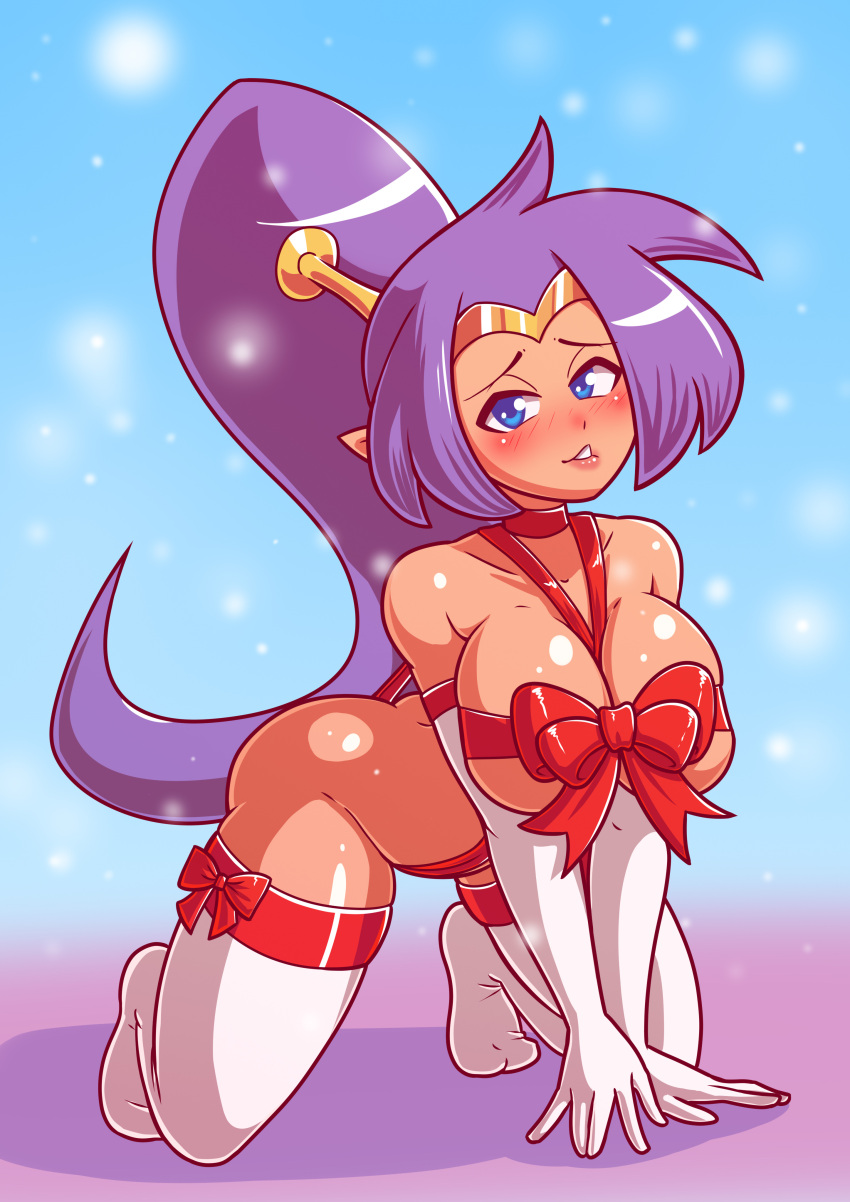 1girls all_fours big_breasts biting_lip blue_eyes blush dark-skinned_female dark_skin female gift_wrapped gloves kneeling kyosourade large_breasts lips looking_at_viewer naughty_face nude pointy_ears ponytail purple_hair shantae shantae_(character) shiny_skin snowmantofu solo thighhighs white_gloves wrapped