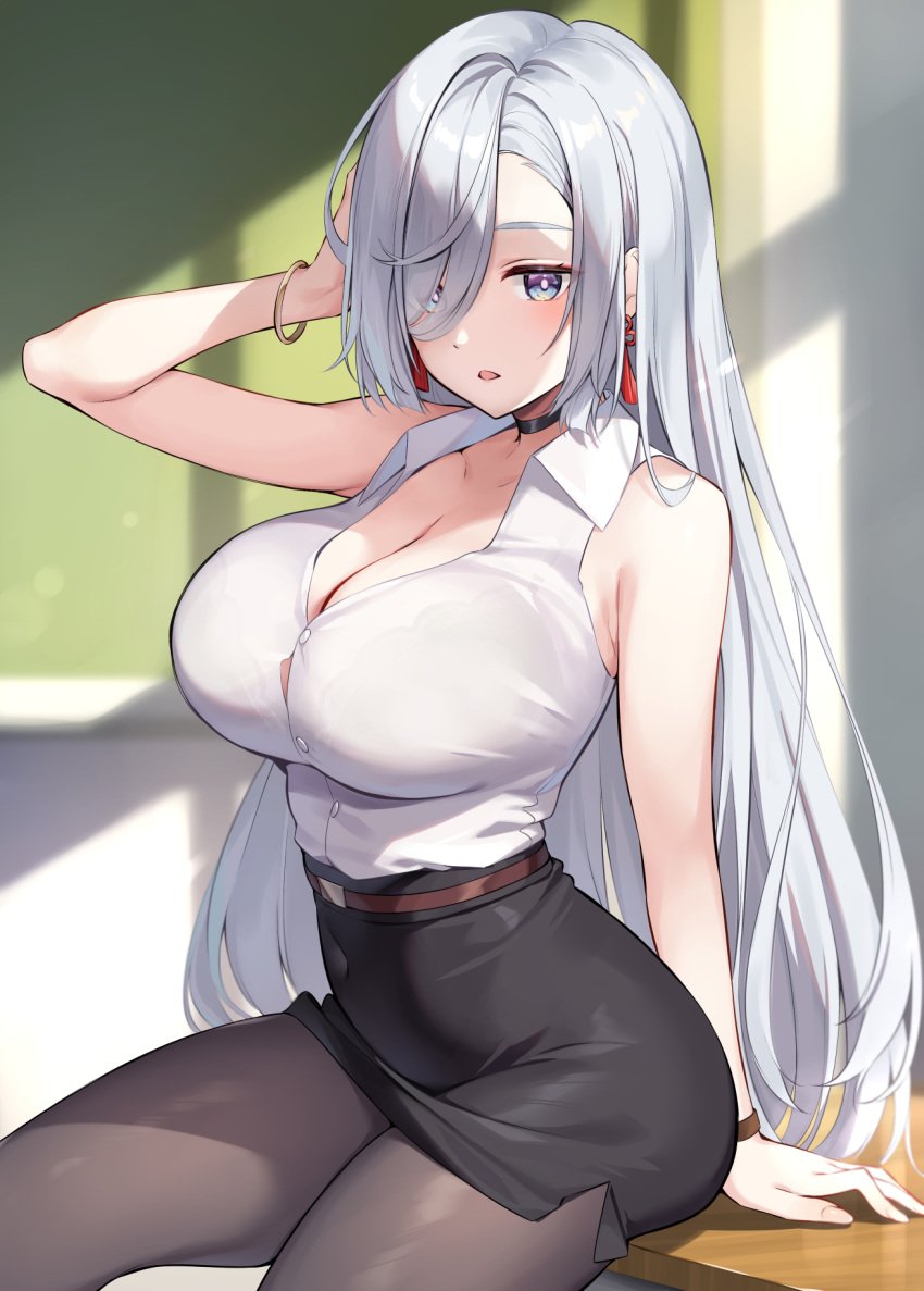 1girls ass big_ass big_breasts blouse bra bra_visible_through_clothes breasts choker cleavage desk earrings female female_only genshin_impact hi_res lingerie long_hair oryou pantyhose pencil_skirt school see-through shenhe_(genshin_impact) shirt short_skirt skirt teacher_outfit tights very_long_hair white_hair