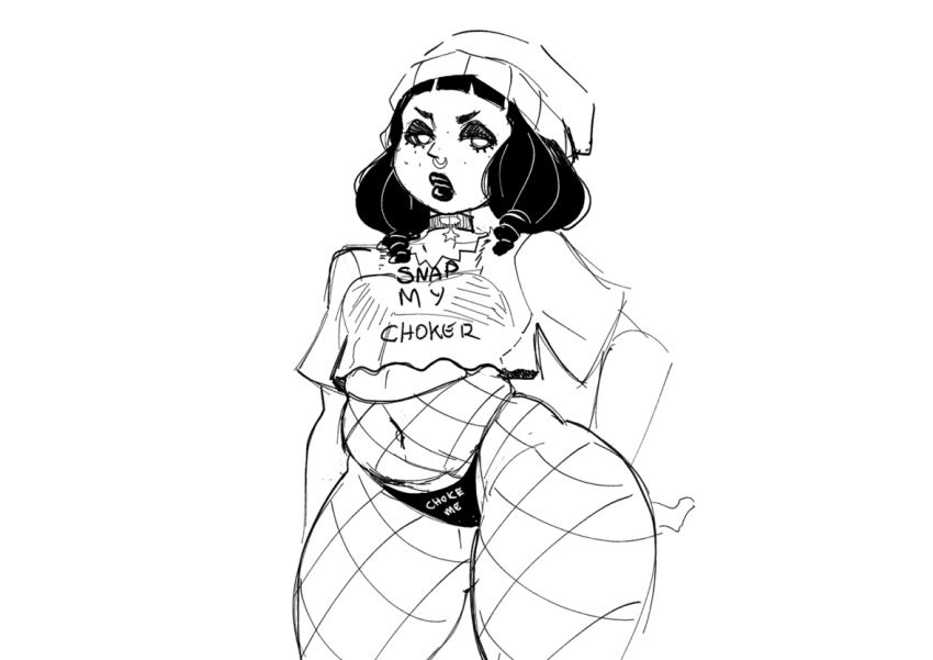 artistic_terrorism black_and_white choker chubby fishnets goth hat i_am_not_starfire mandy_koriand'r meme panties piercing snap_my_choker text_on_clothing text_on_panties