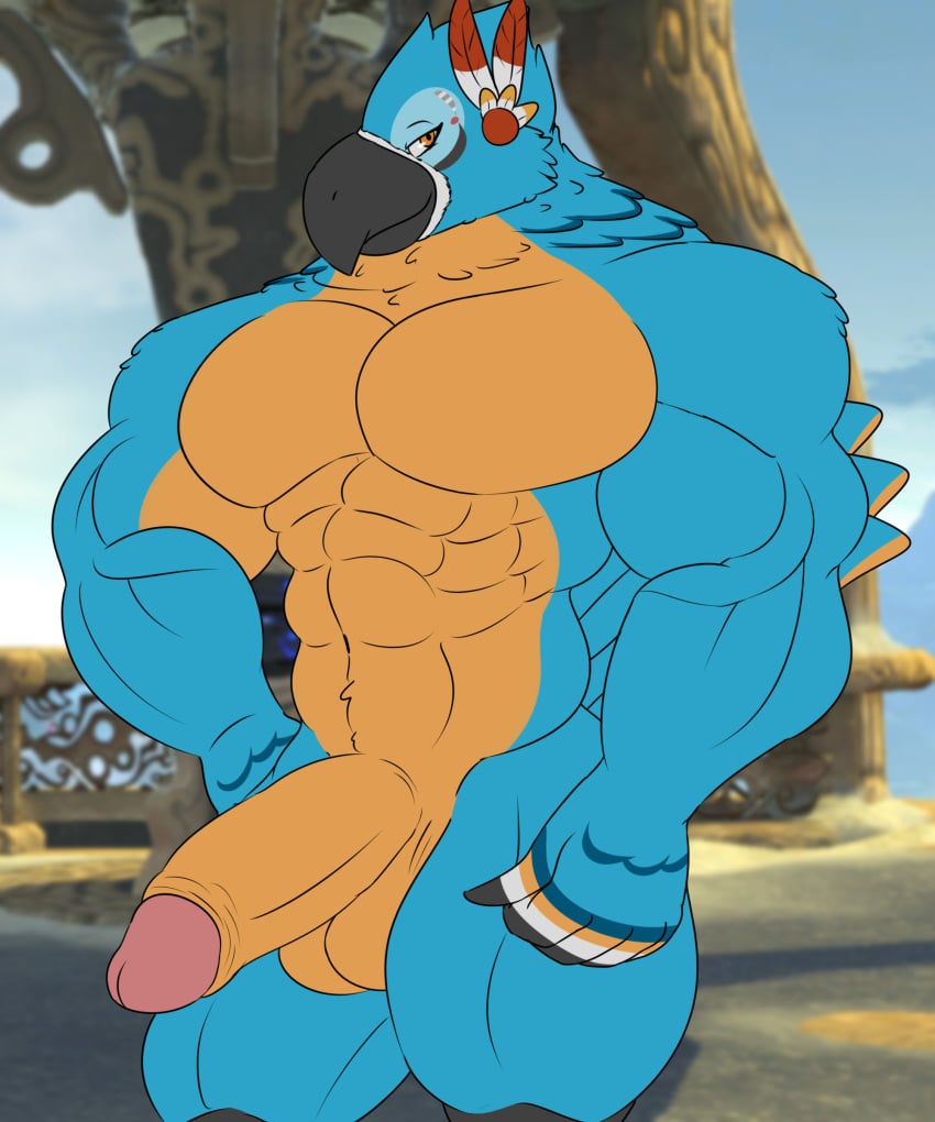 abs absurd_res anthro avian balls beak big_penis breath_of_the_wild camp14 feathers genitals hand_on_hip hi_res humanoid_genitalia humanoid_penis kass_(tloz) kass_(zelda) looking_at_viewer male_only muscular nintendo pecs penis smile smiling_at_viewer smug the_legend_of_zelda three-quarter_view