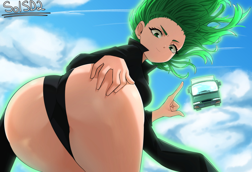 1girls ass back_view big_ass bubble_butt female female_focus female_only green_eyes green_hair legs looking_at_viewer medium_breasts one-punch_man sky sol-sama_d2 solo tatsumaki telekinesis thick_thighs thighs tunic