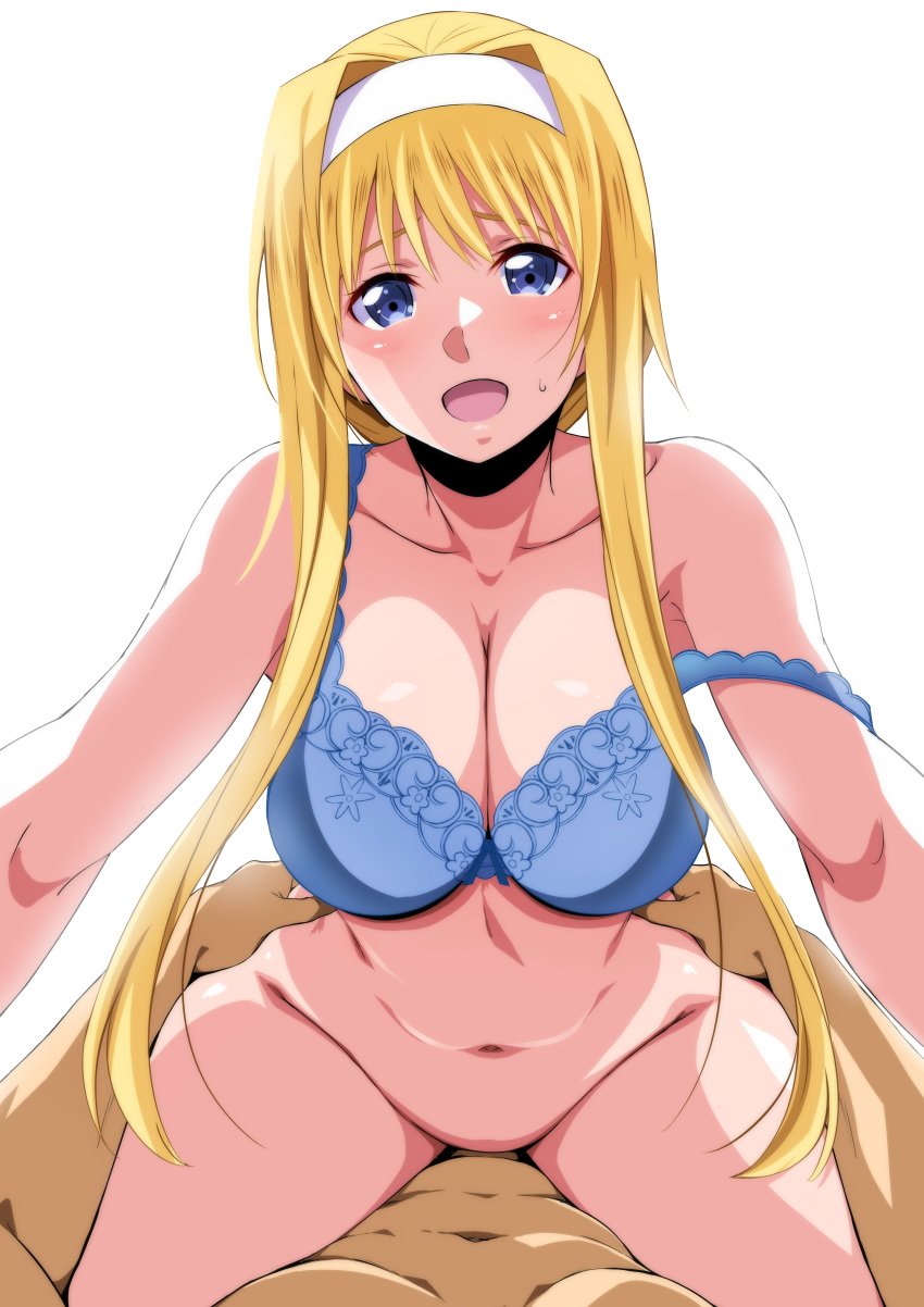 1boy absurdres alice_schuberg blonde_hair blue_bra blue_eyes blush bottomless bra breasts cleavage cowgirl_position female hairband highres island_(kossori) large_breasts long_hair looking_at_viewer male_pov navel open_mouth pov pov_eye_contact simple_background smile straddling straight sweat sword_art_online sword_art_online:_alicization underwear white_background white_hairband