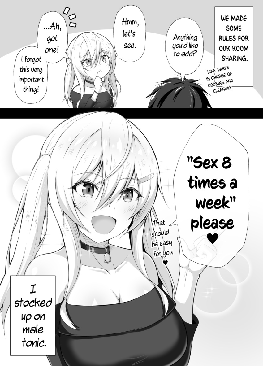 1girls big_breasts blonde_hair choker dialogue female gyaru hair_ornament imminent_sex kasabuta9500 monochrome original original_character spoken_heart tan_skin text translated