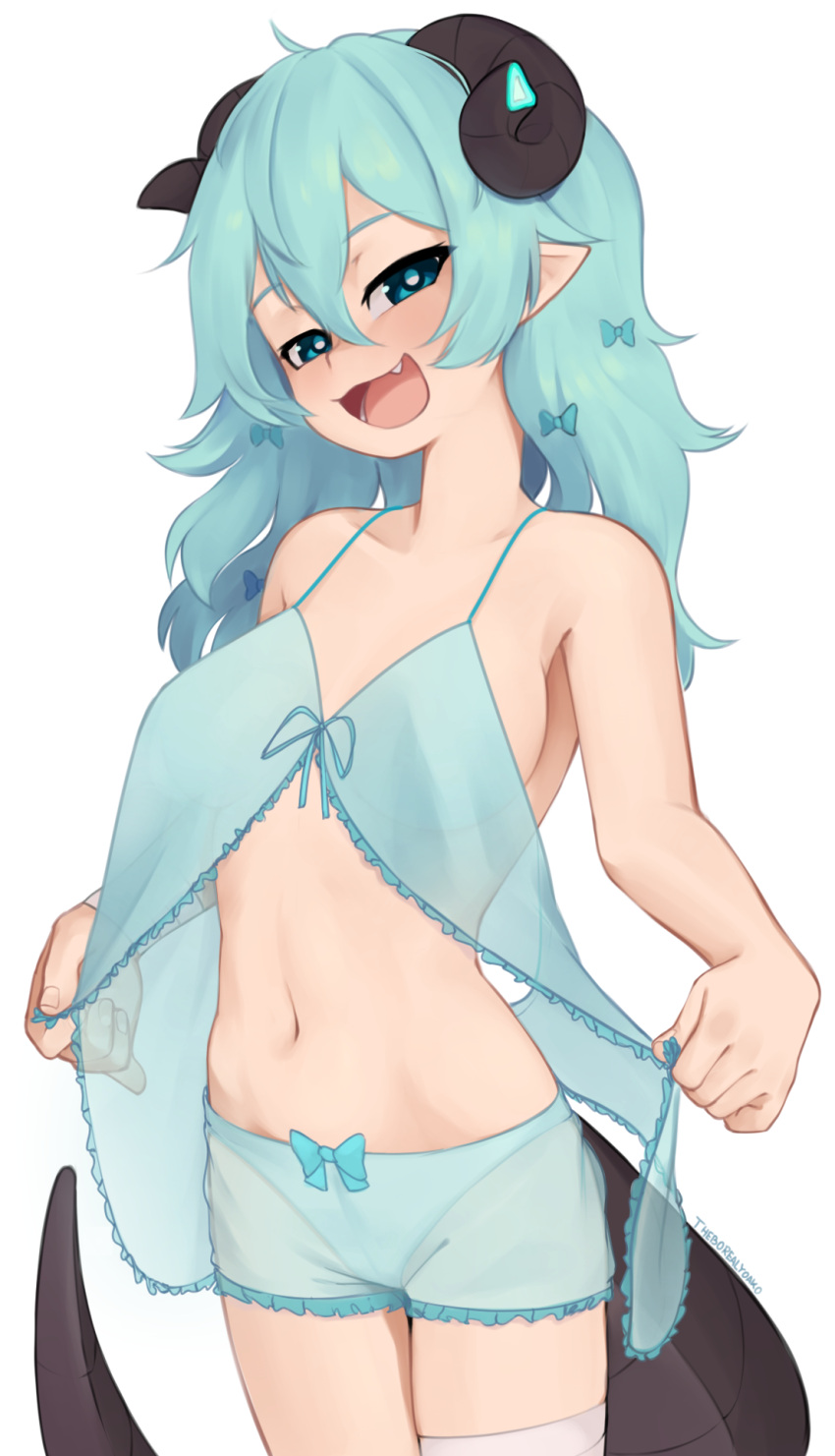 1girls artist_name barely_visible_breasts blue_clothing blue_eyes blue_hair blue_panties bow bows_in_hair boyshort_panties boyshorts curled_horns dragon dragon_humanoid horns looking_at_viewer midriff original original_character panties pointy_ears smaller_female smiling_at_viewer tagme tail yoako