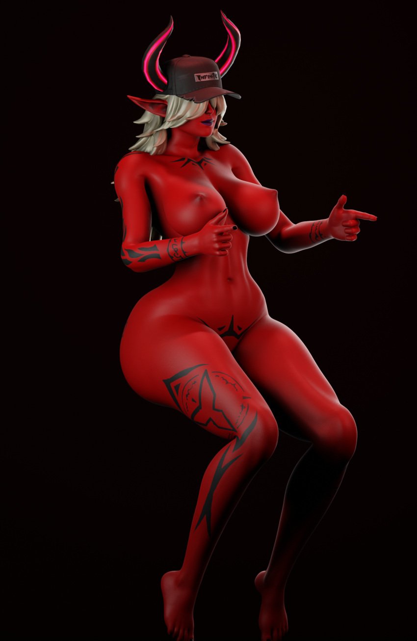 big_breasts cap covered_eyes demon demon_girl desdemona_(fortnite) eternitiesguard fortnite horns jojo_reference nipples tattoo tattoos white_hair wide_hips x_redeyes