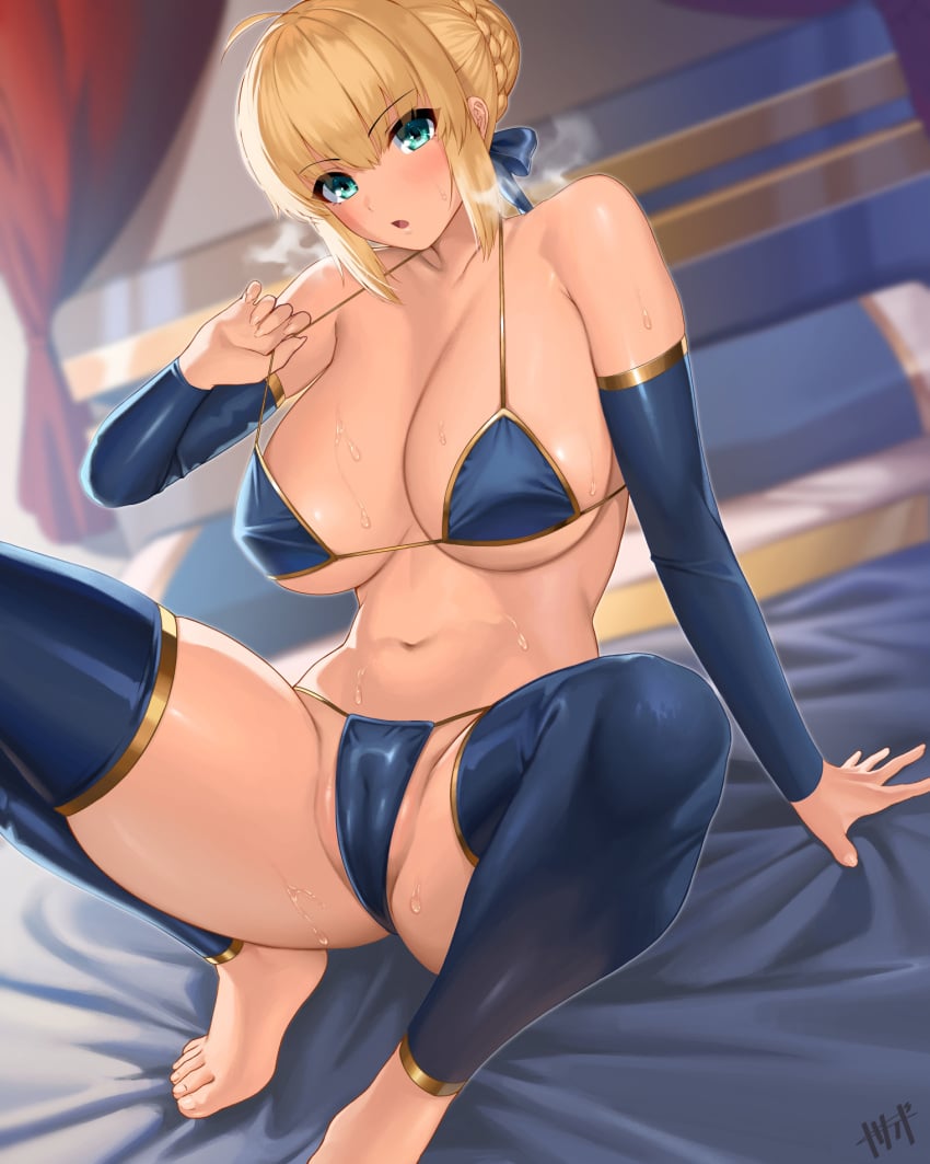 2023 abs artist_signature artoria_pendragon artoria_pendragon_(fate) bed bedroom before before_sex big_breasts blonde_hair blue_eyes british british_female caucasian caucasian_female clothed cute digital_drawing_(artwork) digital_media_(artwork) european european_mythology fate/grand_order fate/stay_night fate/zero fate_(series) feet female female_focus female_only huge_breasts imminent_sex kisaragi_tsurugi looking_at_viewer needy on_bed open_mouth pale_skin pov pulling_bikini_string pulling_clothing pussy royalty rule_63 skimpy skimpy_bikini skimpy_clothes solo solo_female solo_focus squished_thigh staring staring_at_viewer steam steamy_breath sweat sweatdrop sweaty swimsuit tagme teasing teasing_viewer textless thick_thighs wanting_more wanting_sex white_hair