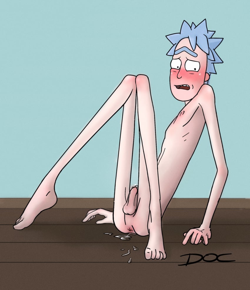 1boy aged_down blush cum cum_in_ass doc1999 doofus_rick gay male male_only naked nude rick_and_morty rick_sanchez simple_background skinny solo