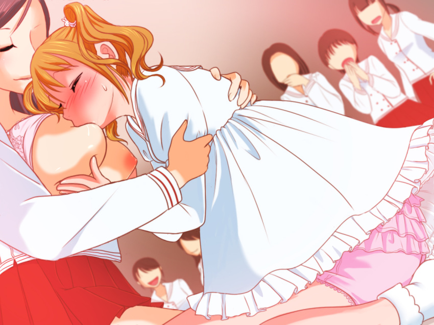 2girls adult_baby adultbaby artist_request blonde_hair blush breast_sucking breastfeeding breasts brown_hair closed_eyes diaper female footwear large_breasts milf multiple_girls nipple_sucking short_hair socks source_request sucking_nipples young_woman young_woman_and_milf yuri