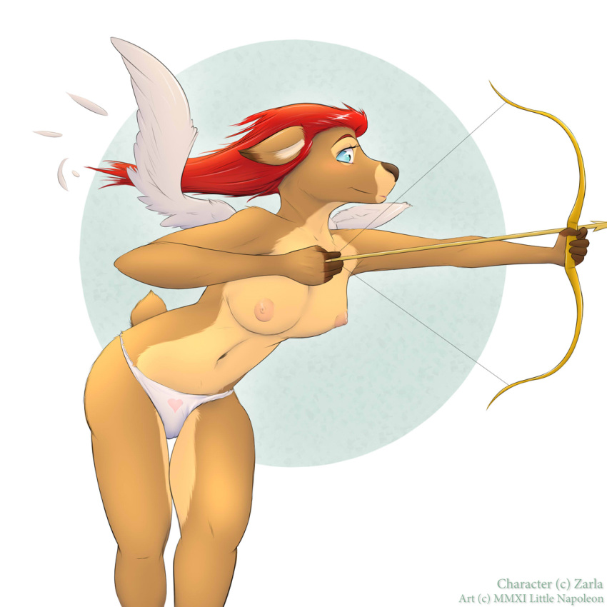 angel anthro blue_eyes bow_and_arrow breasts cameltoe cervine deer doe female heart littlenapoleon panties red_hair topless underwear