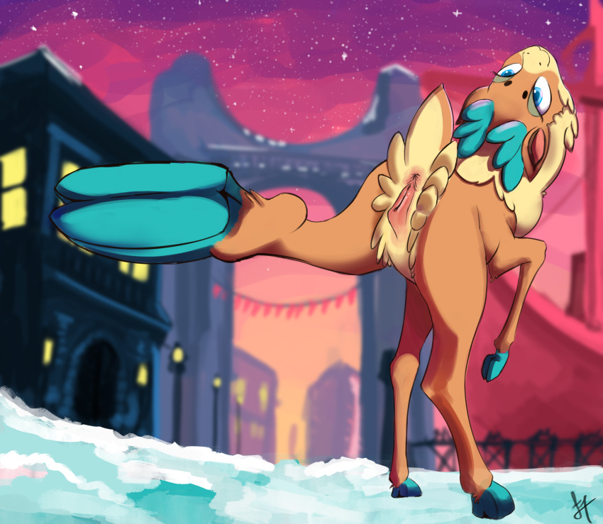 2018 anus ass blue_eyes cervine female feral gab0o0 hi_res mammal outside pussy reindeer solo them's_fightin'_herds velvet_reindeer_(tfh)